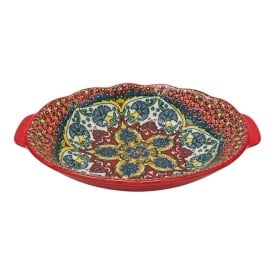 Platou oval ceramic rosu cu manere, termorezistent, pentru gatit si servire, 24 x 15 cm