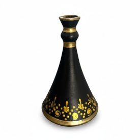 Sfesnic din ceramica neagra de marginea, 16 cm, potrivit pentru lumanari, pictat manual cu auriu, autentic