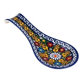 Suport de lingura din ceramica, bleumarin, pictat manual, model floral traditional, suport bucatarie, handmade, 24x9,5 cm