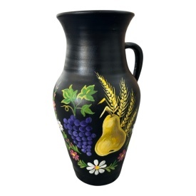 Ulcior ceramic negru, pictat manual, model Sporul Casei, struguri, para si spice de grau, handmade, decor traditional romanesc, cadou premium, 30 cm