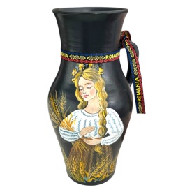 Ulcior ceramic pictat manual, vaza decorativa, fata cu spice de grau, cadou traditional romanesc, arta populara, ceramica artizanala, suvenir romania, decoratiuni casa