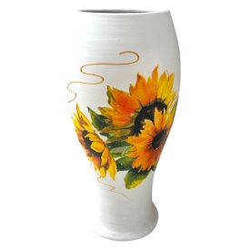 Vază ceramică albă cu floarea-soarelui și detalii aurii, lucrată manual la Marginea, 25 cm