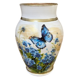 Vaza ceramica alba, decorativa, fluture albastru, flori albastre, detalii aurii, pentru flori, decor living, cadou premium, 20 cm