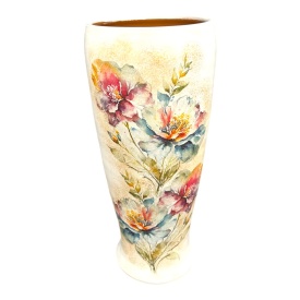 Vază ceramică albă pictată manual, 30 cm, gura largă, model floral auriu – Marginea, Bucovina