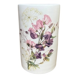 Vaza ceramica alba, tip cilindru, decorata manual, flori mov si roz, pentru flori, decor masa, cadou elegant, 20 cm
