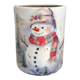 Vază ceramică de Crăciun – om de zăpadă, alb, 15 cm