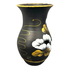 Vază ceramică Marginea pictată manual cu flori albe, 25 cm – autentică și semnată