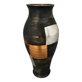 Vaza ceramica neagra 40 cm decorata manual la Marginea cu foita de argint, bronz si bronz patinat, frunze negre – piesa unica eleganta - Img 2
