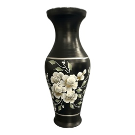 Vaza ceramica neagra 40 cm pictata manual cu flori si detalii argintii