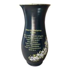 Vaza ceramica neagra, mare, inalta, Binecuvantarea Casei, pictata manual, flori albe, detalii aurii, pentru flori, decor living, cadou premium, 40 cm