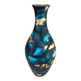 Vaza ceramica neagra, mare, inalta, contemporana, turcoaz, detalii aurii, pentru flori, decor living, 40 cm - Img 2