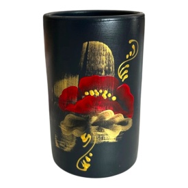 Vaza ceramica neagra pictata manual cu maci, decor handmade, 16 cm