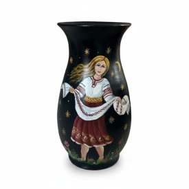 Vaza ceramica neagra pictata manual cu taranca in port traditional – vaza decorativa premium 25 cm