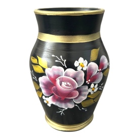 Vaza ceramica neagra, pictata manual, flori roz si mov, detalii aurii, margine aurie, handmade, decorativa, 20 cm inaltime