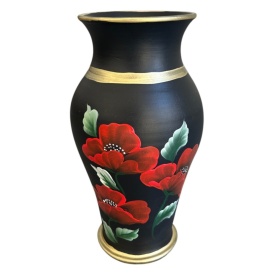 Vaza ceramica neagra, pictata manual, maci rosii, detalii aurii elegante, vaza decorativa pentru flori, handmade, 30 cm