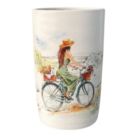 Vaza decorativa din ceramica artizanala Ceramica Martinescu, model Femeie pe bicicleta, lucrata manual in Bucovina, 20 cm
