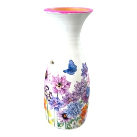 Vaza din ceramica alba de marginea, 25 cm, decorata cu flori multicolore si fluturi – model floral lavanda, autentica