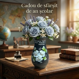 Vaza din ceramica neagra, pictata manual, trandafiri albi, cadou sfarsit de an scolar pentru invatatoare, diriginta, 25 cm - Img 2