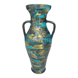 Amfora ceramică decorată manual cu accente turcoaz și aurii – 44 cm, suprafață texturată