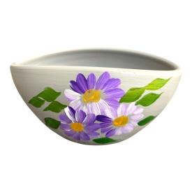 Bol gri decorativ din ceramica, pictat manual cu flori mov – vas ceramic pentru decor interior, 18x9 cm