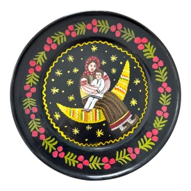 Farfurie Decorativa Ceramica Neagra Marginea - Pictata Manual "Mama si Copilul pe Semiluna", 24 cm
