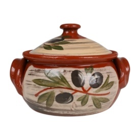 Oala de lut, pentru gatit la cuptor , o portie de adult, 0.6 litri, masline, cu capac