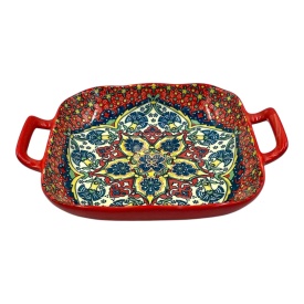 Tava din ceramica cu doua manere, rosie, pentru servire, 23x 18 cm