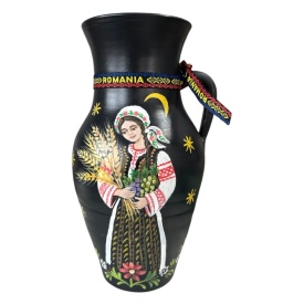 Ulcior ceramic decorativ pictat manual, Sporul Casei cu taranca si spice de grau, Romania, 30 cm