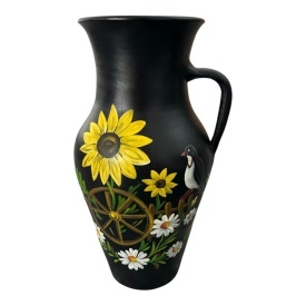 Ulcior ceramic negru, pictat manual, model rustic cu floarea soarelui, caruta si flori de camp, handmade, decor traditional, cadou premium, 30 cm - Img 2