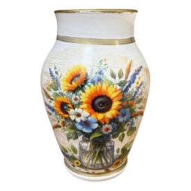 Vaza ceramica alba, decorativa, floarea soarelui, flori de camp, detalii aurii, pentru flori, decor living, cadou premium, 20 cm