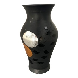 Vaza ceramica neagra 30 cm decorata manual la Marginea cu foita de aur si bronz, frunze negre – design rafinat, piesa unica decorativa - Img 3