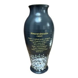 Vaza ceramica neagra, mare, inalta, Binecuvantarea Casei, pictata manual, flori albe, pentru flori, decor living, cadou elegant, 42 cm