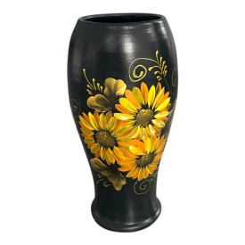 Vază ceramică neagră pictată manual cu floarea-soarelui, buchet, 25 cm – Marginea, Bucovina