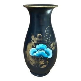 Vaza ceramica neagra, pictata manual, flori albastre, detalii aurii, pentru flori, decor living, cadou handmade, 30 cm