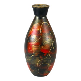 Vaza ceramica neagra pictata manual model abstract rosu si linii aurii – vaza decorativa premium 20 cm Marginea