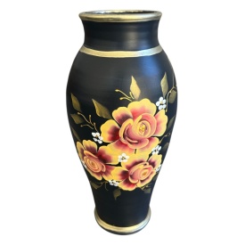Vaza mare neagra, 40 cm, pictata manual, flori galbene si roz, detalii aurii, ceramica, handmade, vaza decorativa inalta, pentru flori, decor living, cadou elegant
