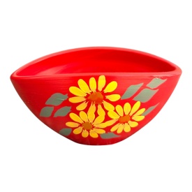 Bol decorativ rosu, din ceramica, pictat manual, model floral galben, vas ceramic handmade, bomboniera, masca ghiveci, suport accesorii, 18x9 cm