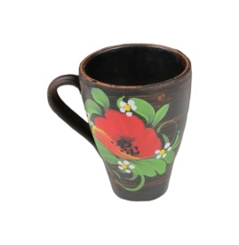 Cană din ceramică maro, pictată manual cu maci, 220 ml – lucrată artizanal