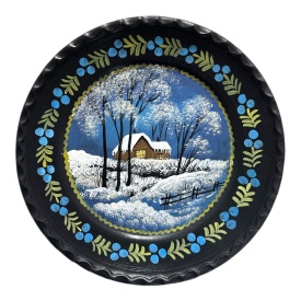 Farfurie Ceramica de Marginea pictată manual – Casă și copaci în peisaj de iarnă, 24 cm