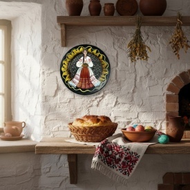 Farfurie decorativa din ceramica pictata manual - model traditional,fata cu paine si sare, 24 cm, - Img 4