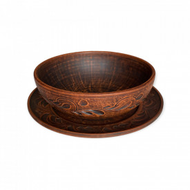 Farfurie si bol din ceramica,set traditional pentru servire, mancare,sculptate, maro,rustice