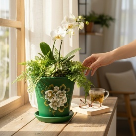 Ghiveci ceramic verde pictat manual cu flori albe si drenaj – ghiveci decorativ pentru plante interior exterior 15 cm - Img 2