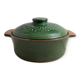 Oala de lut pentru sarmale 4L, smaltuita, ceramica verde cu capac, lucrata manual, gatit traditional la cuptor - Img 2