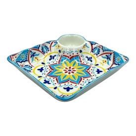 Platou din ceramica, albastru deschis , pentru servire, sosiera integrata, 2in1, 19 cm