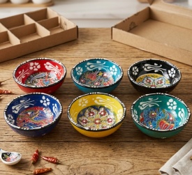Set 6 boluri din ceramica, colorate, design oriental, pentru sosuri,alune,nuci,seminte, 8 cm - Img 2