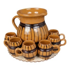 Set carafa cu 6 cani pentru tuica din ceramica traditionala romaneasca, lucrat manual