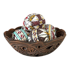 Set decorativ traditional cu bol ceramic perforat si 5 oua incondeiate Bucovina – handmade autentic - Img 2