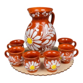 Set pentru tuica, din ceramica traditionala, lucrat manual, carafa si 6 canite