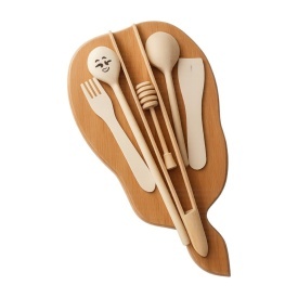 Set ustensile din lemn pentru bucatarie, tocator + 6 ustensile din lemn, palete, linguri, cleste