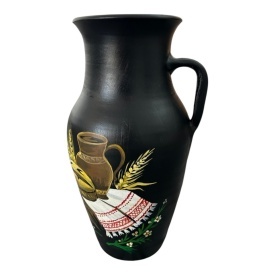 Ulcior ceramic negru, pictat manual, model traditional romanesc, paine, ulcior, spice de grau, stergar, handmade, decor rustic, cadou premium, 30 cm - Img 2